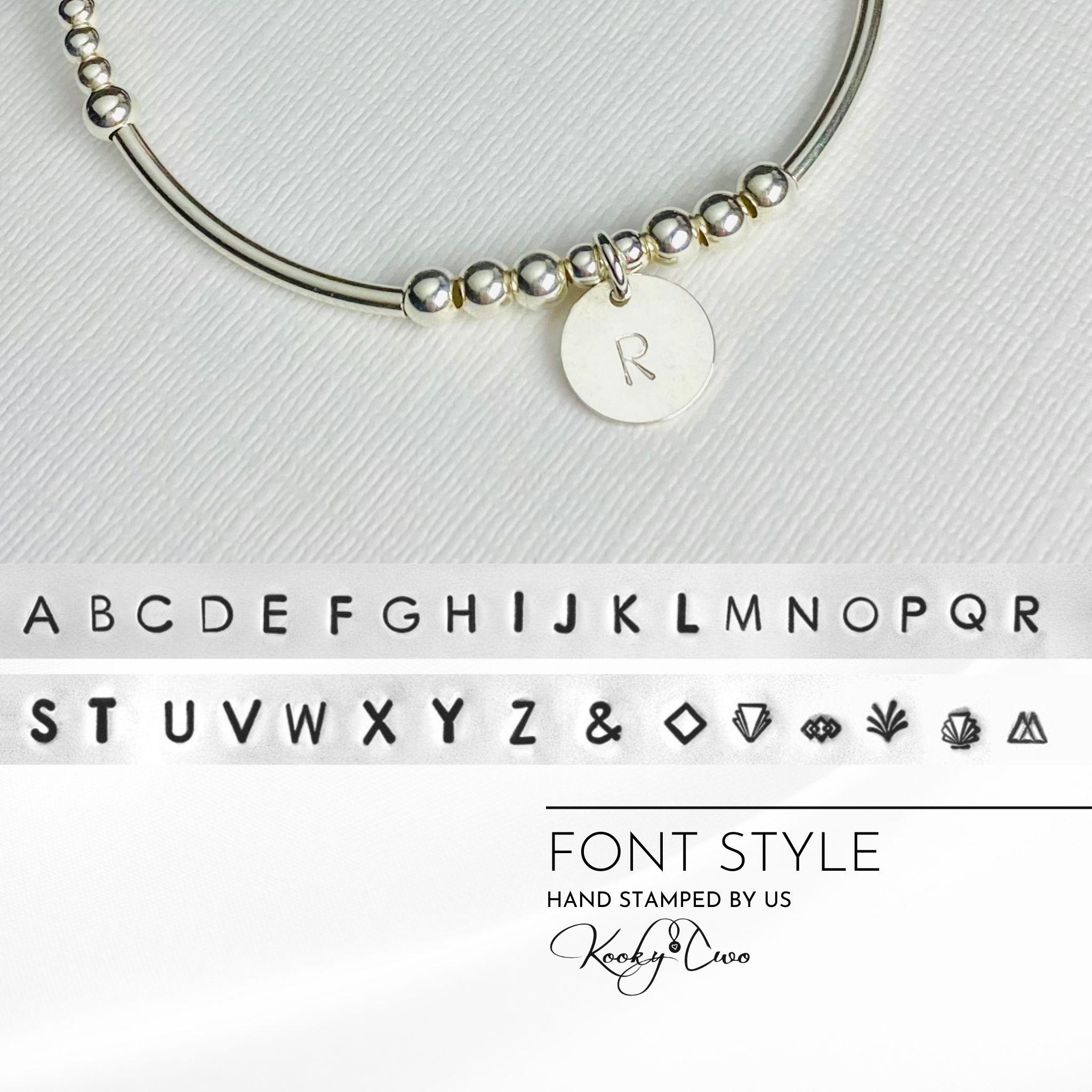 Personalised bracelet stacking set sterling silver beads and hand stamped disc. KookyTwo.