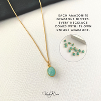 Gold necklace with a green gemstone pendant on a white background, with text about Amazonite gemstones.