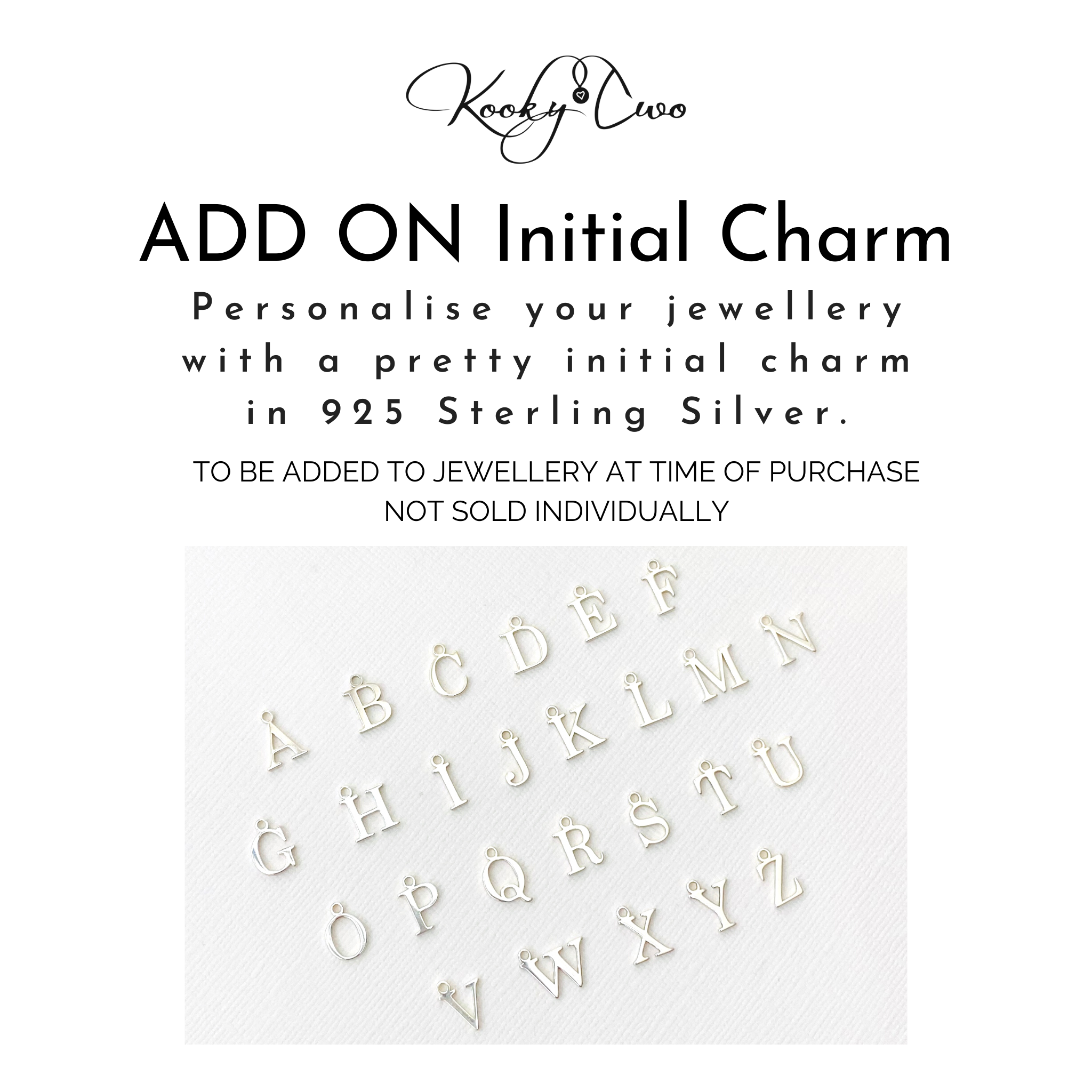 Initial charm in sterling silver to be added to necklace, bracelet or anklet.