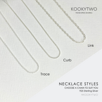 Image of different chain styles, as the charm necklace has a choice of chain styles in sterling silver perfect for everyday wear or as a gift for ladies of all ages. KookyTwo.