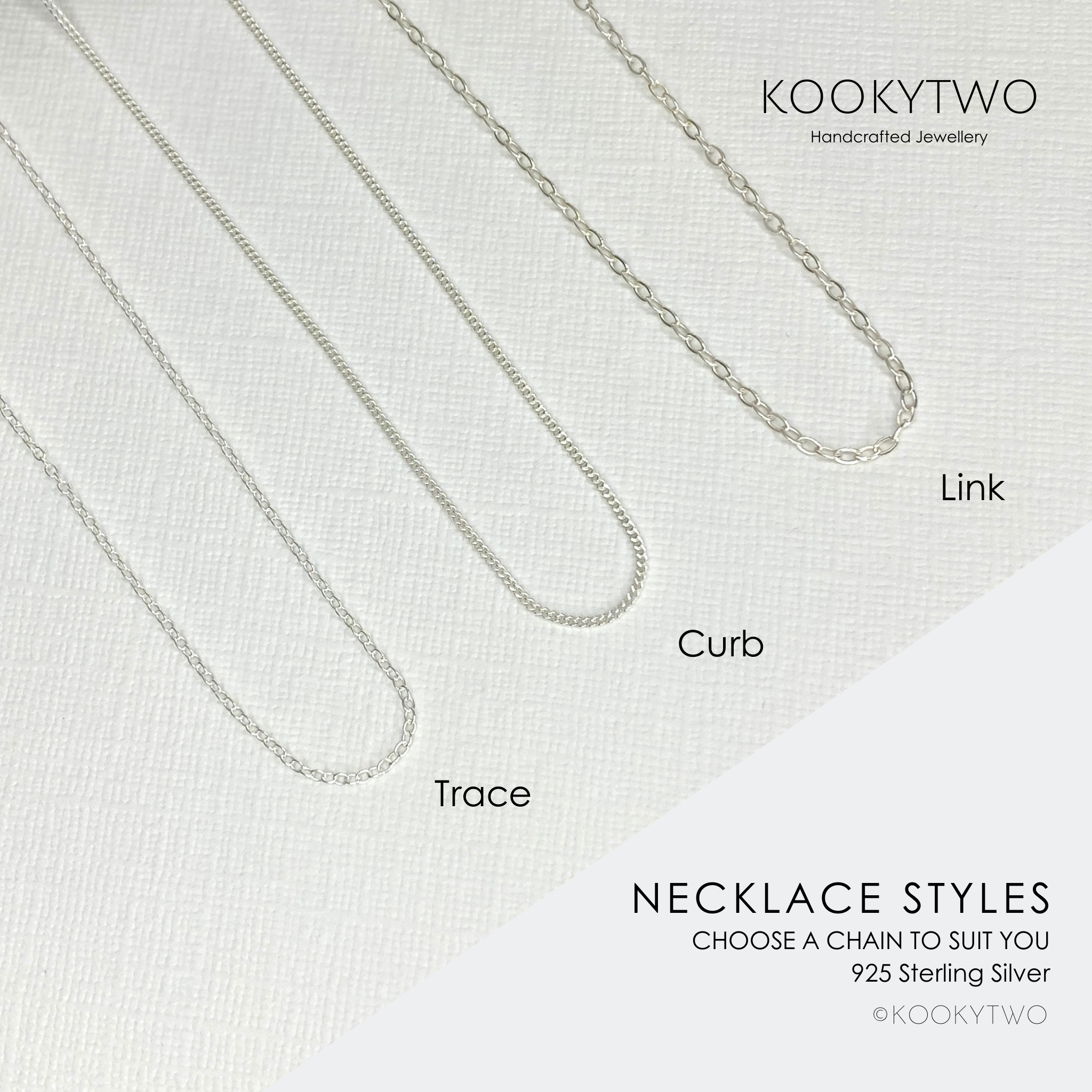Image of different chain styles, as the charm necklace has a choice of chain styles in sterling silver perfect for everyday wear or as a gift for ladies of all ages. KookyTwo.