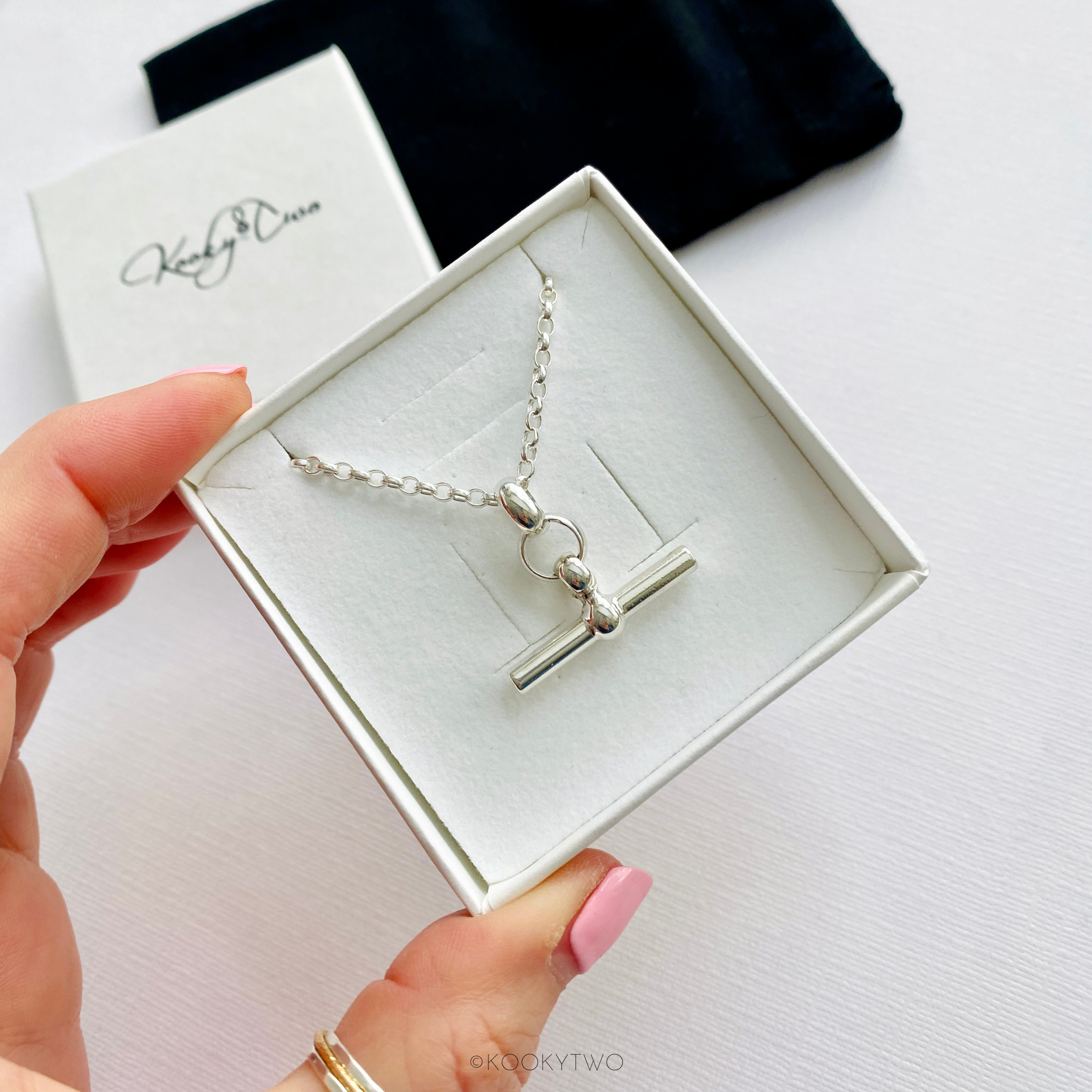Sterling silver hanging T-bar pendant necklace, a statement t bar in a  timeless and classic style. KookyTwo.