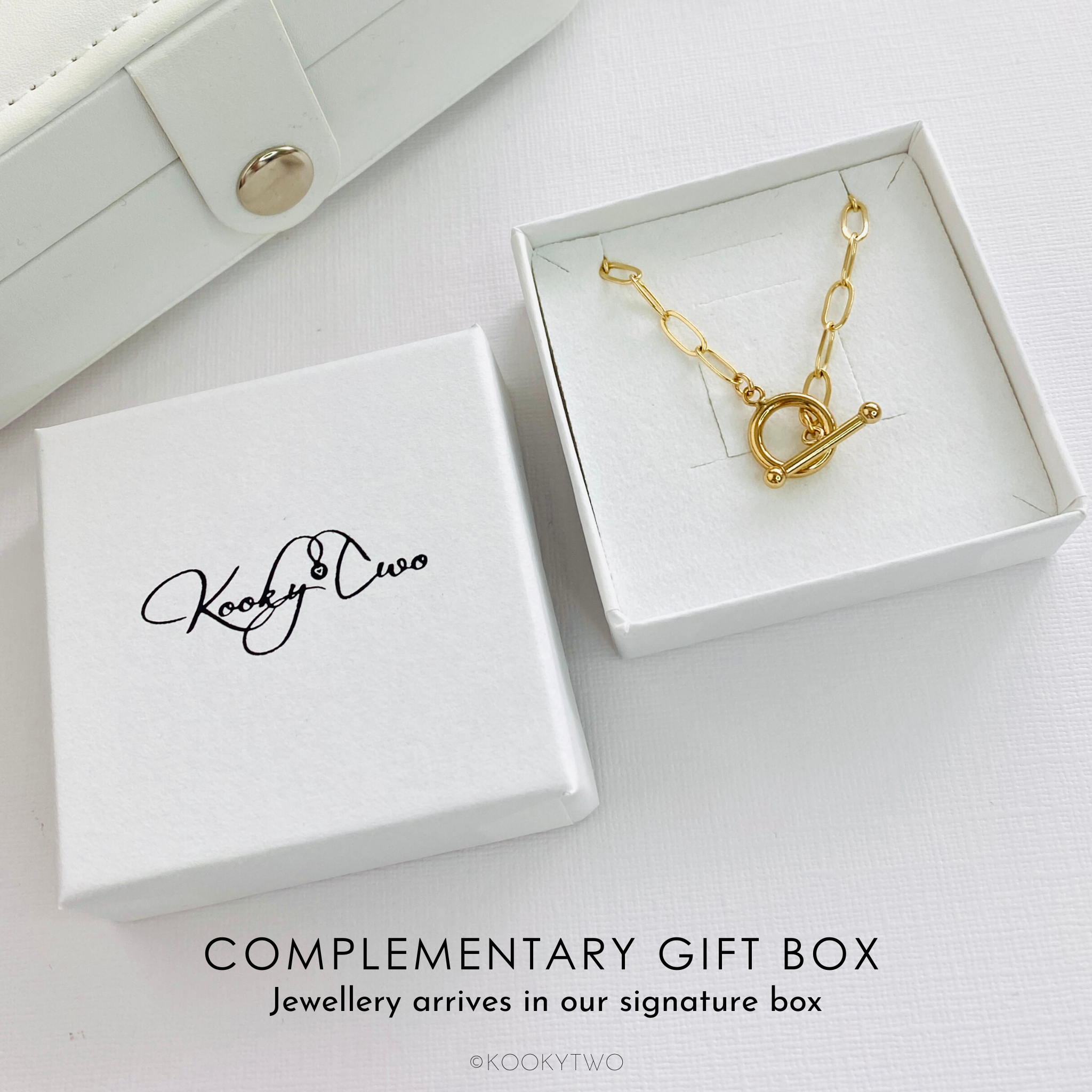 Gold necklace gift in complementary gift box. KookyTwo.