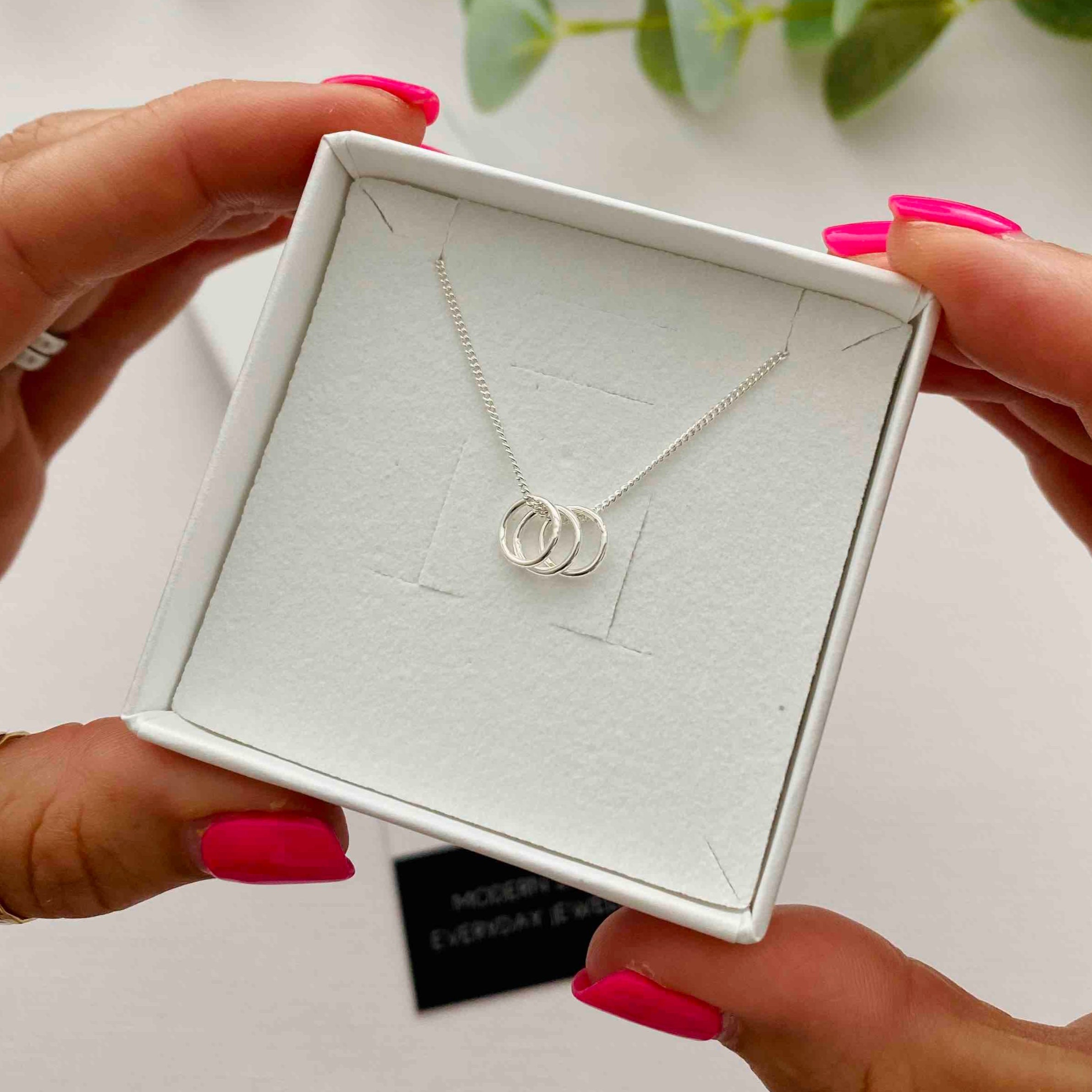 Necklace with three rings to represent friends. Friendship necklace with 3 silver rings in sterling silver.