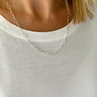 Sterling silver paperclip necklace with long links for a statement look. KookyTwo Jewellery.