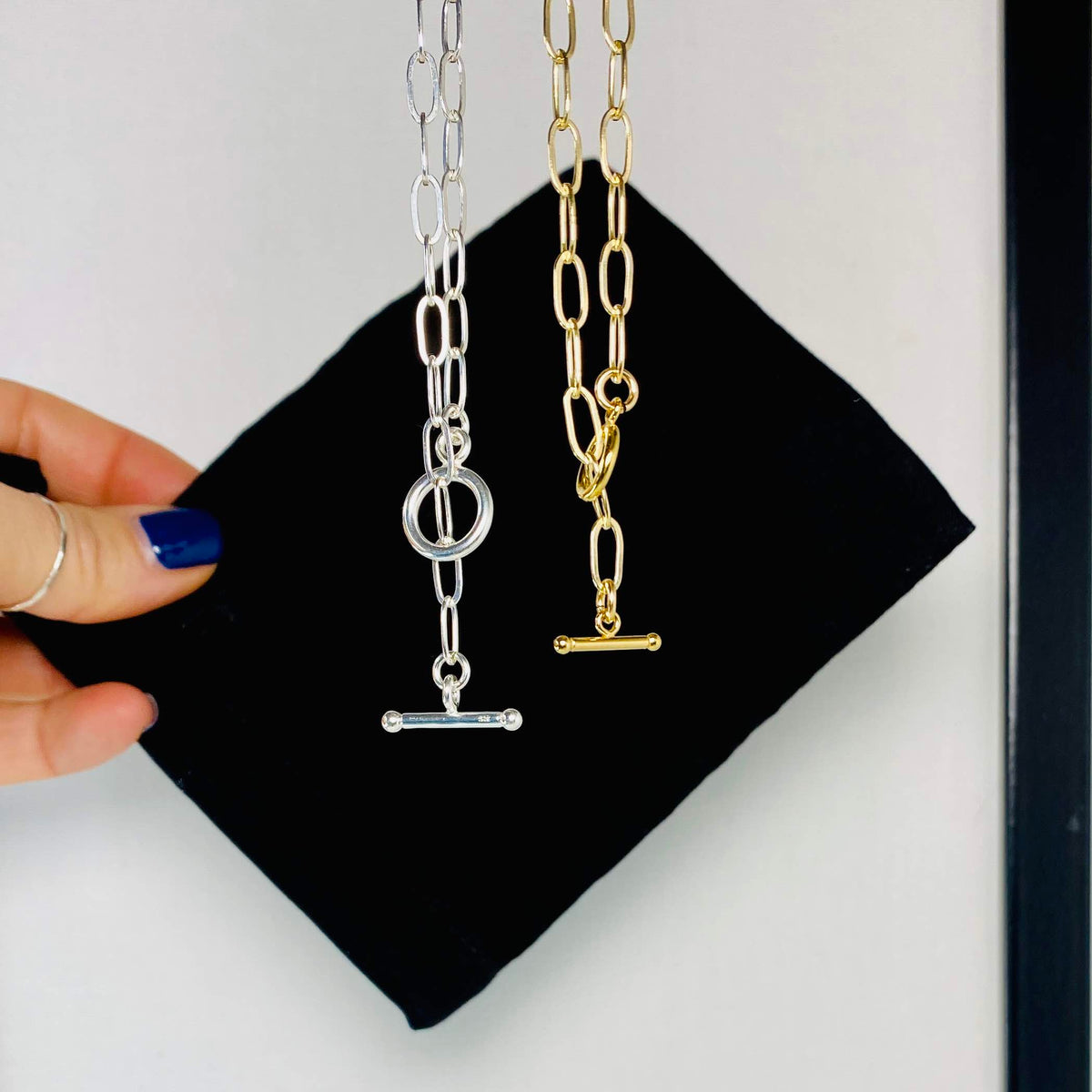 Sterling silver chain necklace with T bar detail. Gold chain necklace with T bar detail. Versatile necklace as toggle necklace can be worn with toggle at front or at the back. Slow fashion necklace made to last.