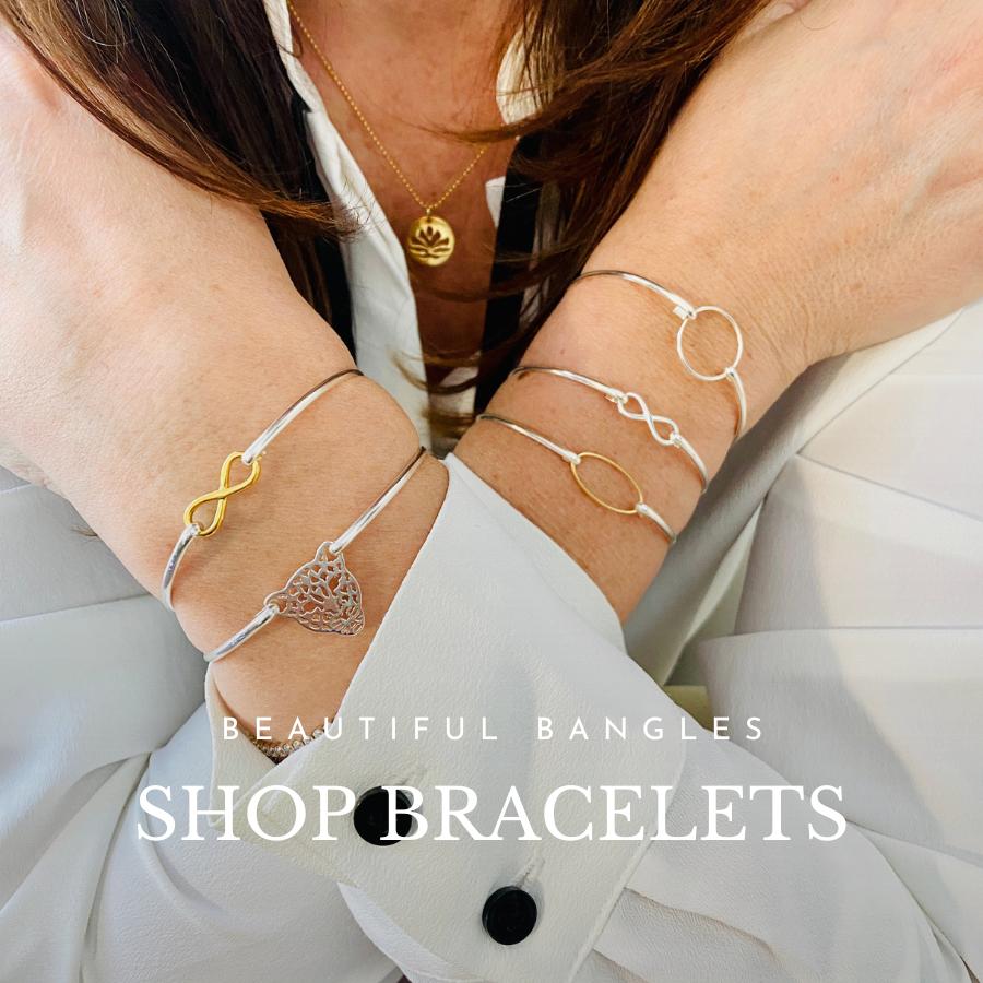 Stylish ladies bangles in sterling silver and gold. Infinity bangle bracelets, leopard bangle and circle bangles Sterling silver.