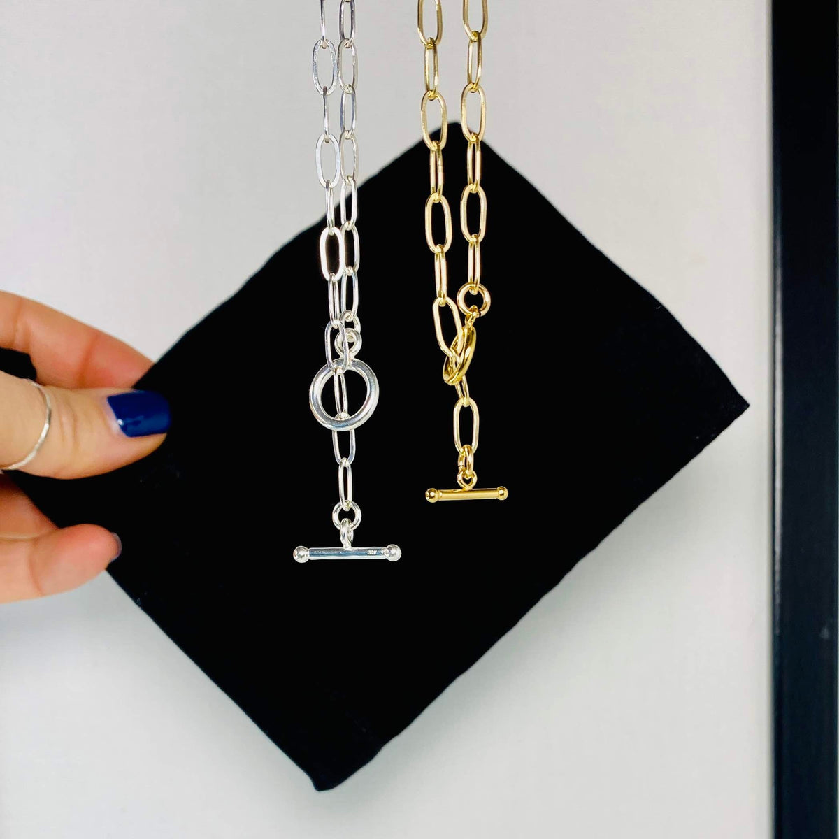 Silver T Bar Necklace and Gold T Bar Necklace. Necklaces with T Bar fastening easy to wear necklaces for everyday. KookyTwo.