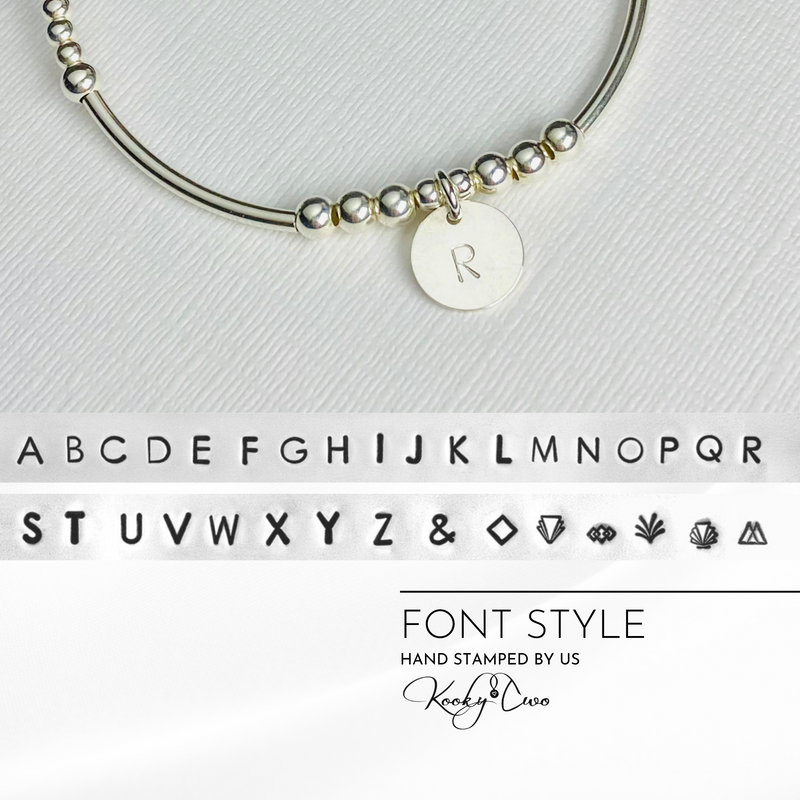 Personalised bracelet stacking set sterling silver beads and hand stamped disc. KookyTwo. 