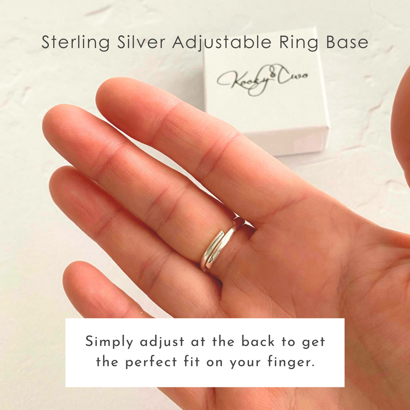 Hand wearing a silver adjustable ring base with packaging in the background.