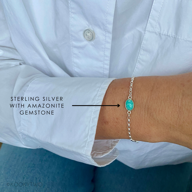 A beautifully handcrafted amazonite gemstone bracelet with an adjustable sterling silver chain for the perfect fit. KookyTwo.