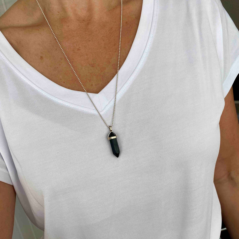 Black onyx pendant necklace with gemstone point on sterling silver chain at 24" long. KookyTwo