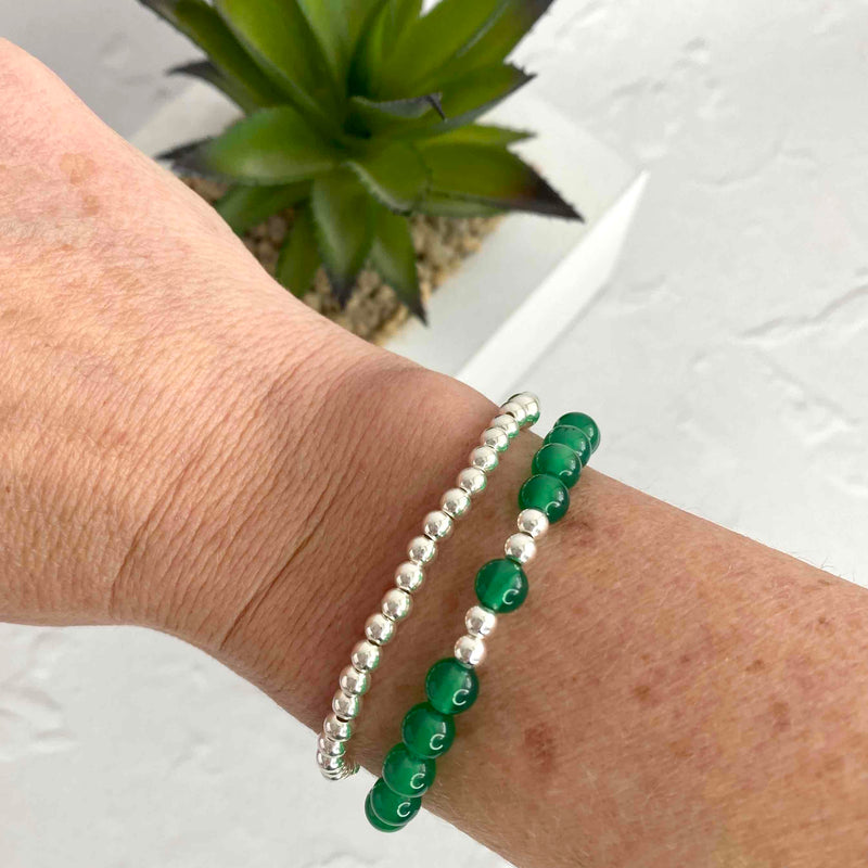 Green bead bracelet set with silver beads. Green agate May birthstone. KookyTwo.