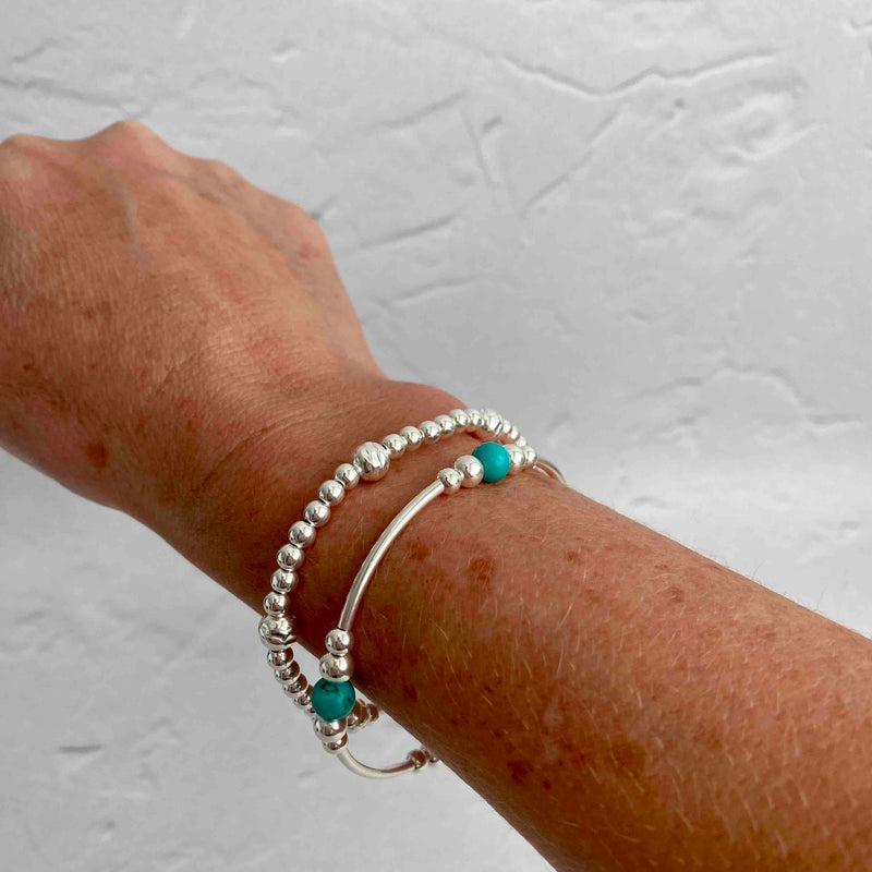 Bracelet stacking gift set for her with sterling silver stretch bead bracelets. KookyTwo handmade bracelets.