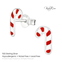 Hypoallergenic Christmas candy cane stud earrings in red and white stripe style. KookyTwo.