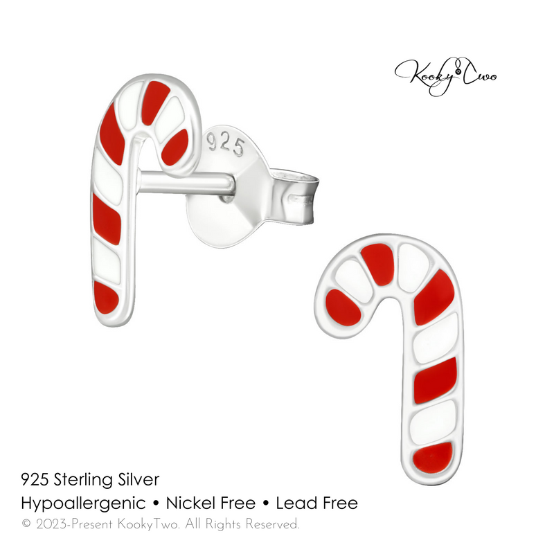 Hypoallergenic Christmas candy cane stud earrings in red and white stripe style. KookyTwo.