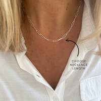 Sterling Silver Chunky Chain Necklace on a person with text 'Choose Necklace Length' displayed.