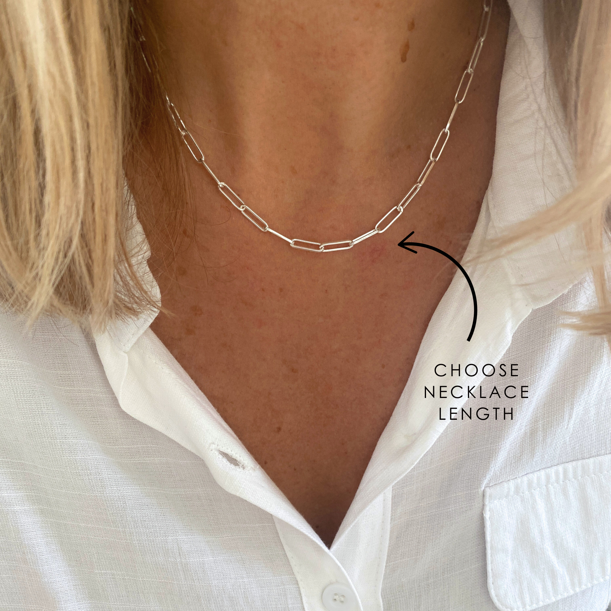 Sterling Silver Chunky Chain Necklace on a person with text 'Choose Necklace Length' displayed.