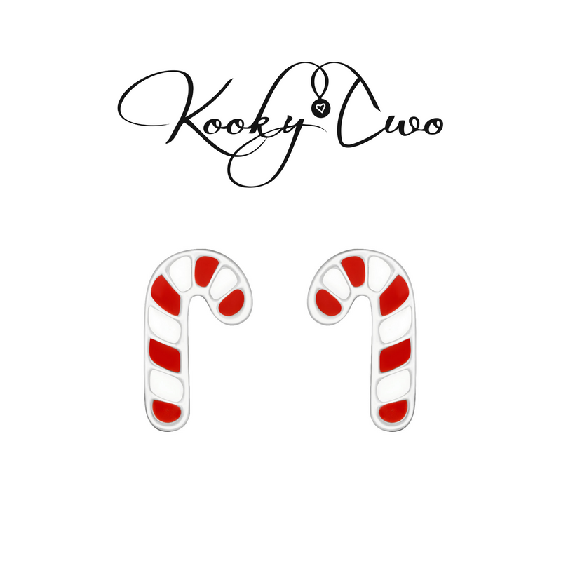 Sterling silver candy cane earrings for stocking filler gift for girls. KookyTwo.