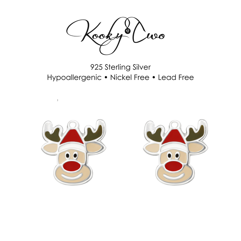 Jolly eindeer earrings with colourful detail sterling silver studs for christmas. KookyTwo.