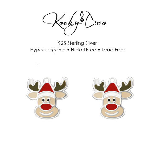 Jolly eindeer earrings with colourful detail sterling silver studs for christmas. KookyTwo.