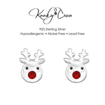 Sparkle crystal reindeer earrings with sparkly red stone crystal. KookyTwo.