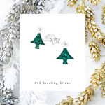 Silver and Green Sparkly Christmas Tree Earrings. Christmas Stud Earrings