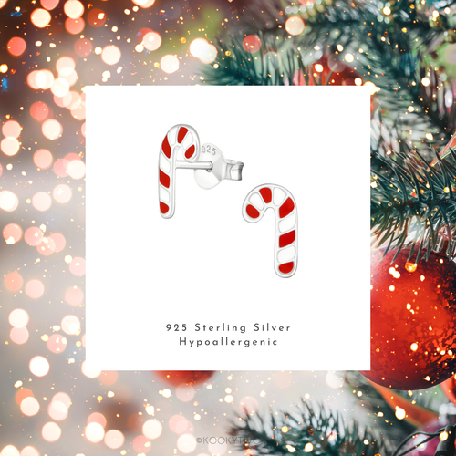 Candy cane earring stocking filler gift with red and white candy cane shape. KookyTwo.