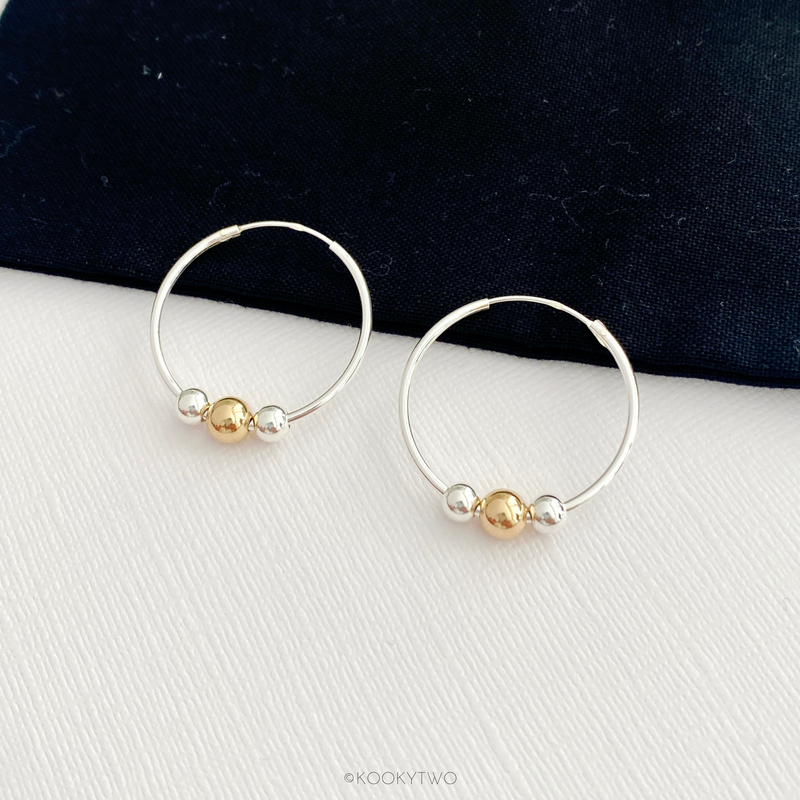 Silver and Gold Bead Sleeper Hoop Earrings