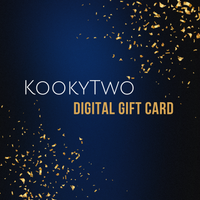 Kookytwo digital gift card with gold confetti on a dark blue background