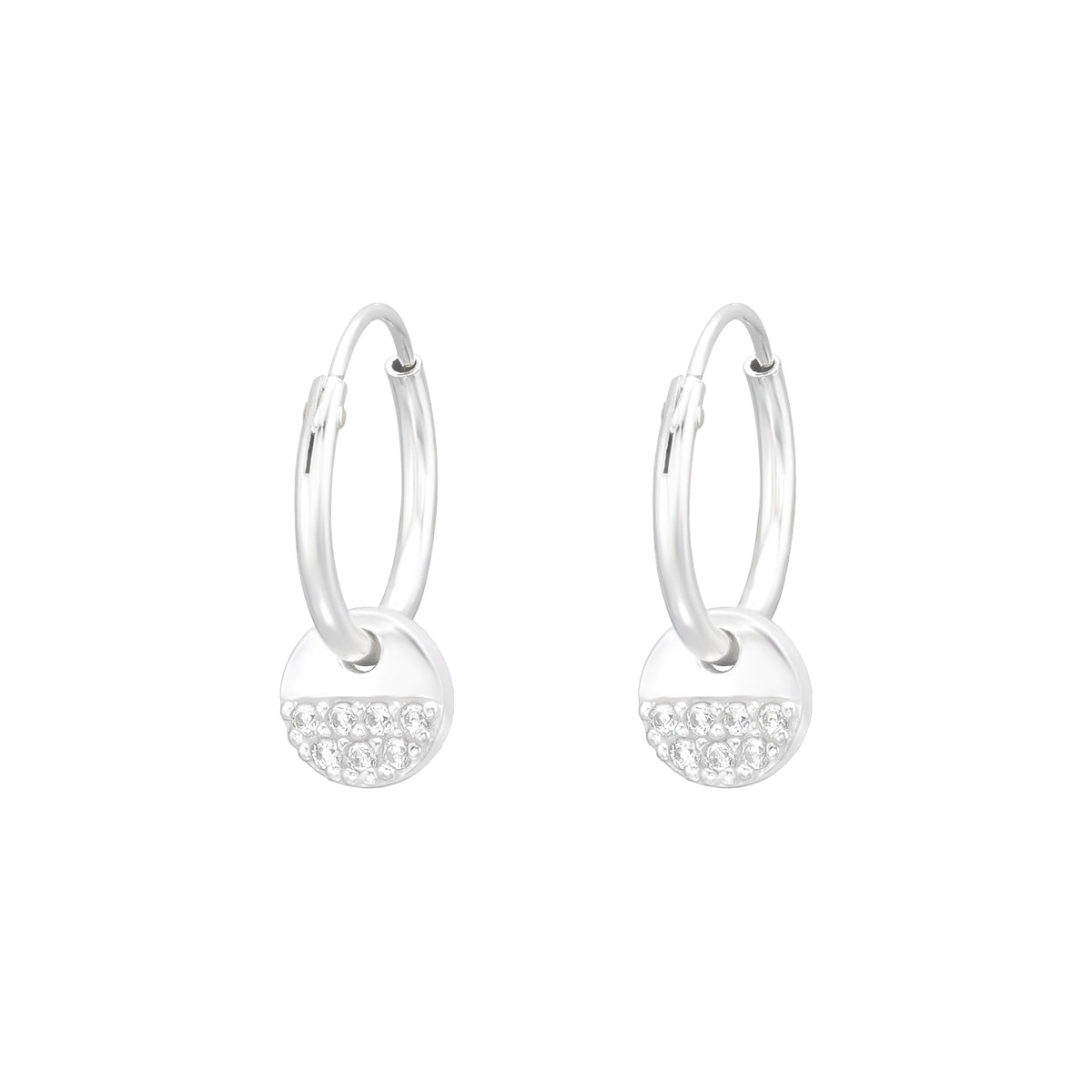 ini hoop earrings with sparkly disc charms on sterling silver mini hoops. KookyTwo.