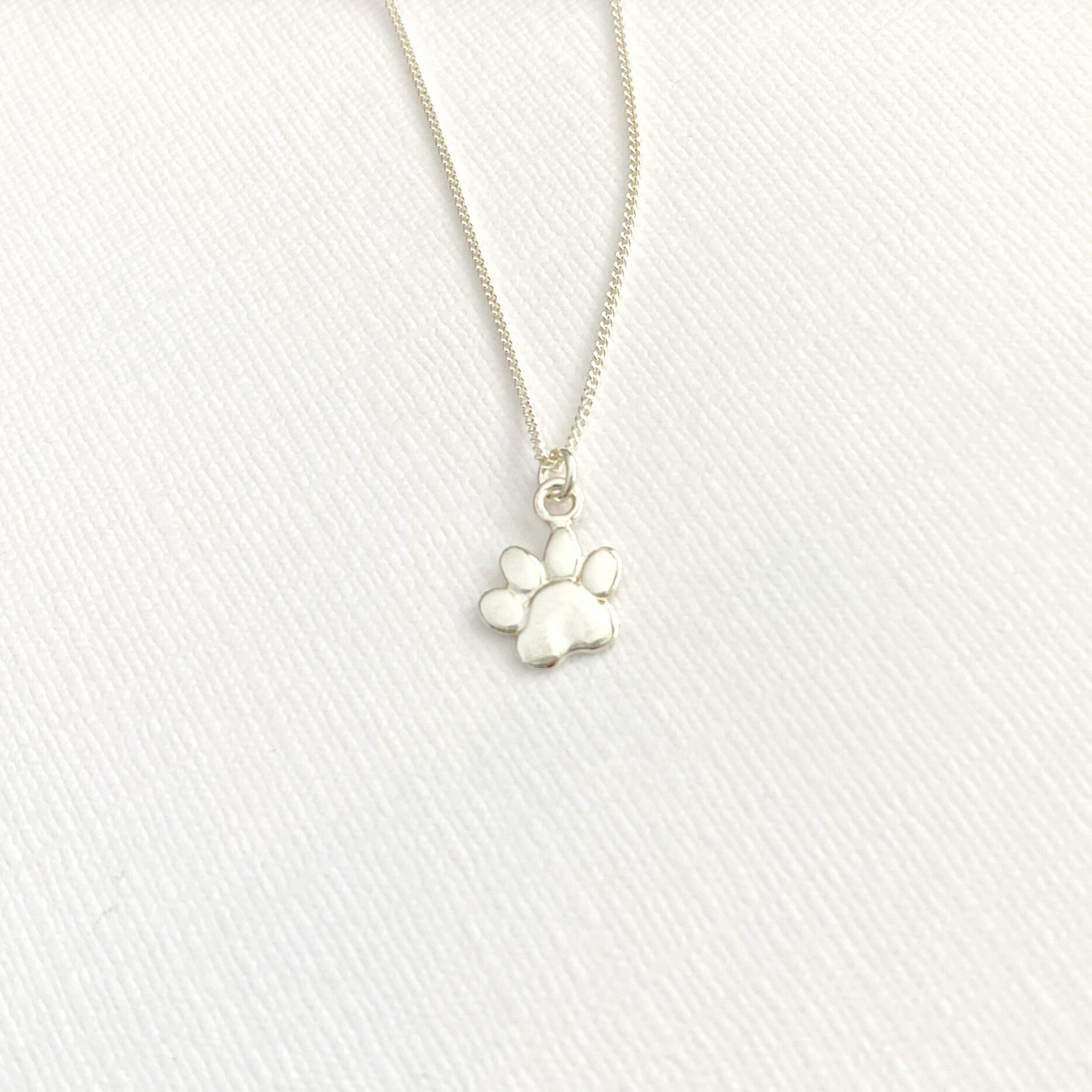 Silver necklace with a paw-shaped pendant on a white fabric background