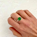 Round green agate gemstone in emerald green with silver ring base. KookyTwo.