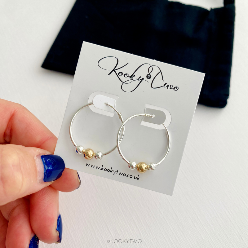 Silver and Gold Bead Sleeper Hoop Earrings