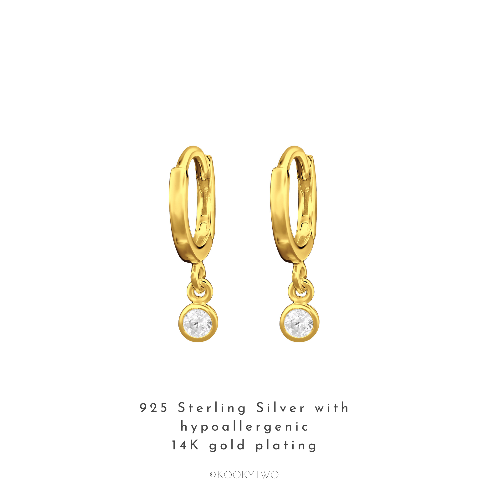 A pair of gold huggie hoop earrings with a dangling round bezel-set clear stone, shown on a white background with text reading '925 Sterling Silver with hypoallergenic 14K gold plating' and the brand name 'KOOKYTWO' below.