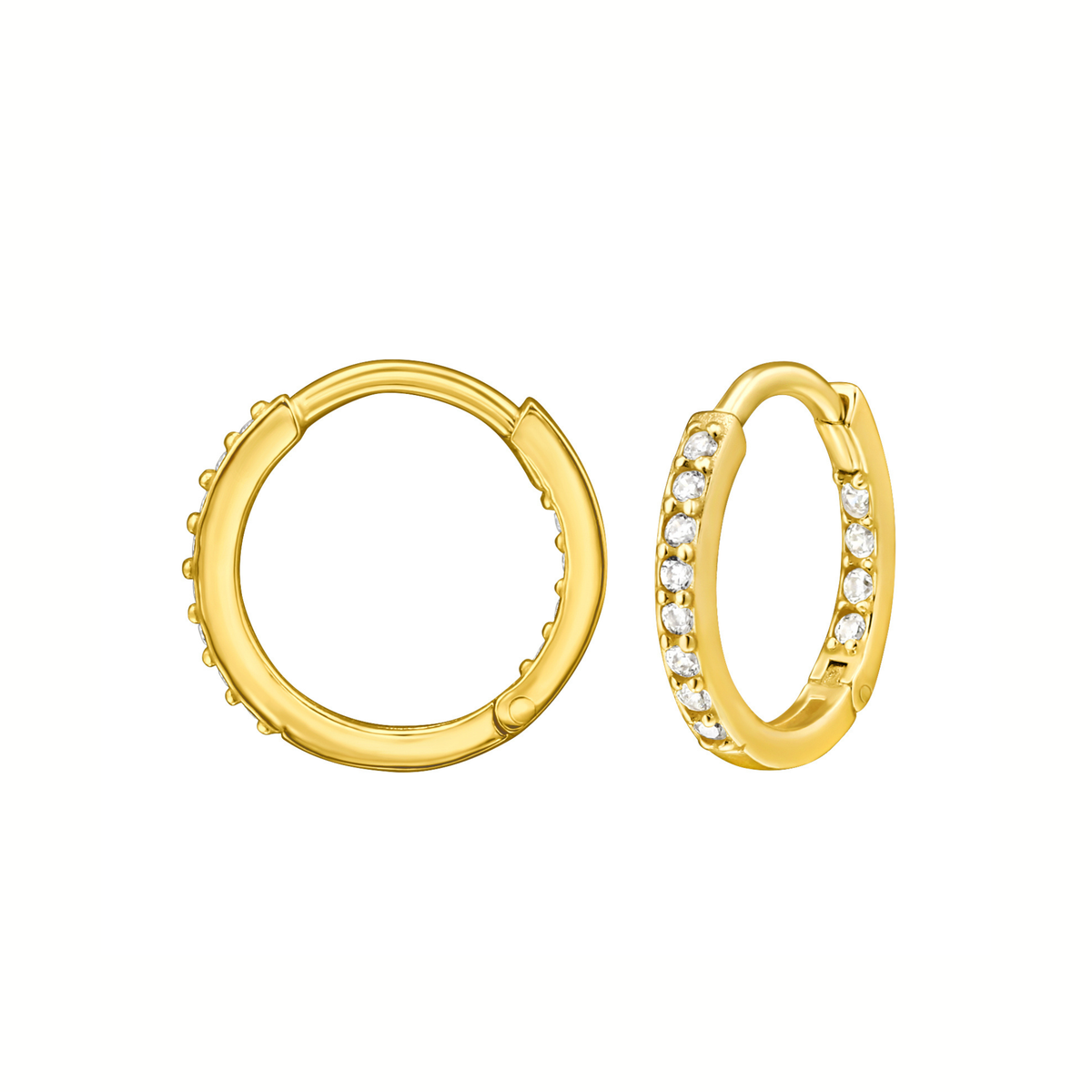 A pair of gold huggie hoop earrings, one shown from the front with a row of clear pavé-set stones and the other from the side showing the beaded edge and clasp mechanism, on a solid white background.