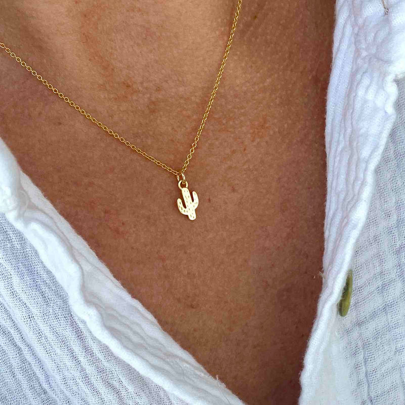 Mini cactus charm necklace in gold. Summer style necklace with cacti charm. KookyTwo.