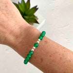 Green agate gemstone bracelet with silver beads. KookyTwo.
