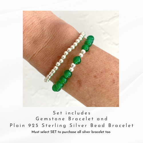Bracelet bundle with green agate gemstone and all sterling silver bead bracelet. Bracelet set for May birthday gift. KookyTwo.