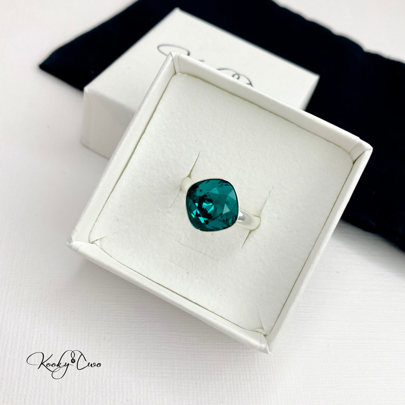 Square crystal ring with green stone. Emerald green crystal ring in sterling silver.