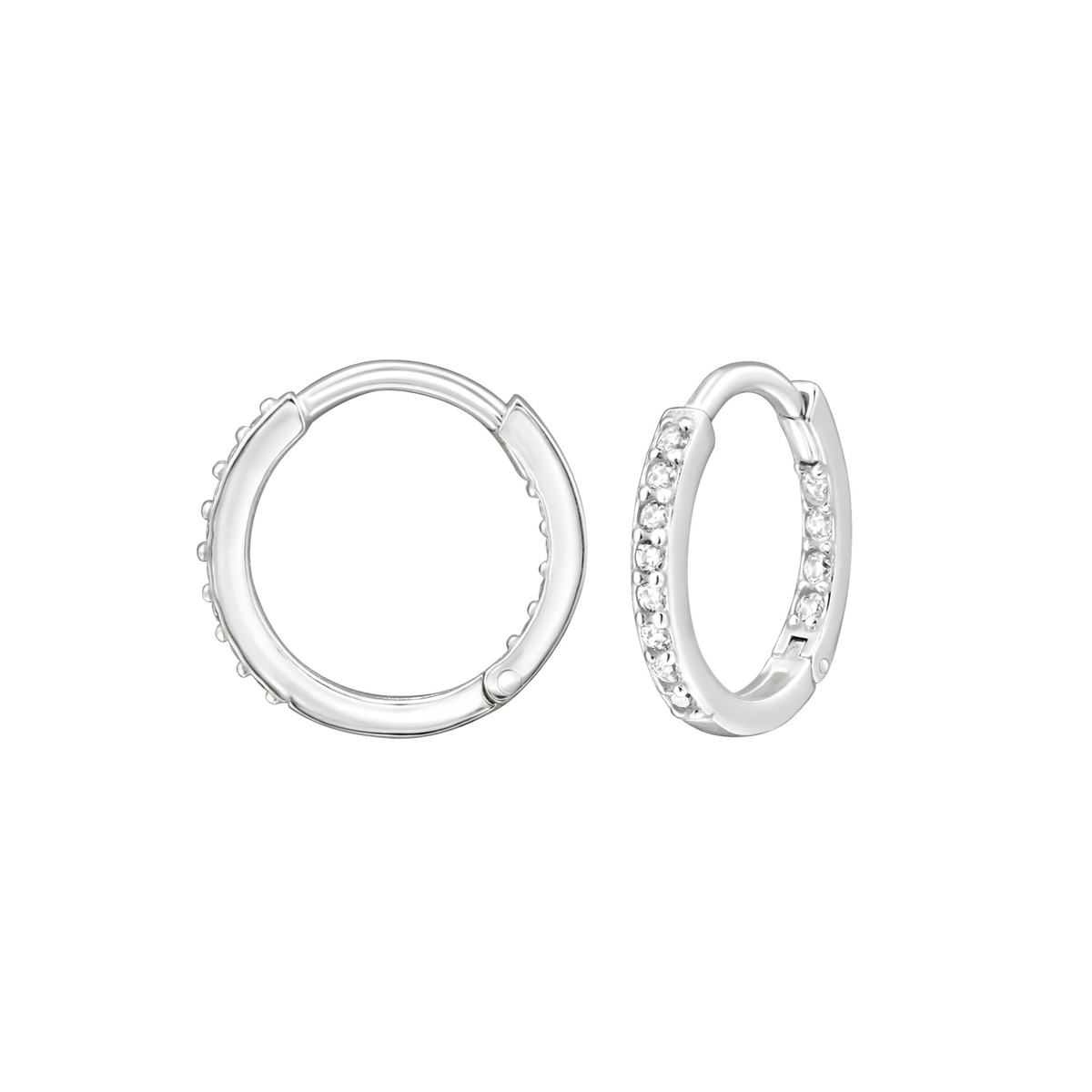 A pair of silver huggie hoop earrings, one plain and one set with small clear stones, shown on a solid white background.