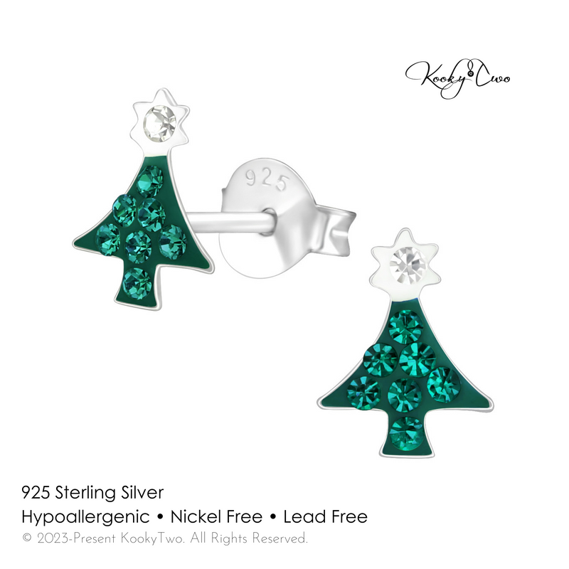 Christmas tree earrings with sparkly crystal stones that catch light and really shine. Great earrings for a Christmas party. KookyTwo.