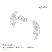 Hypoallergenic silver feather earrings on a white background with 'Kooky Two' branding.