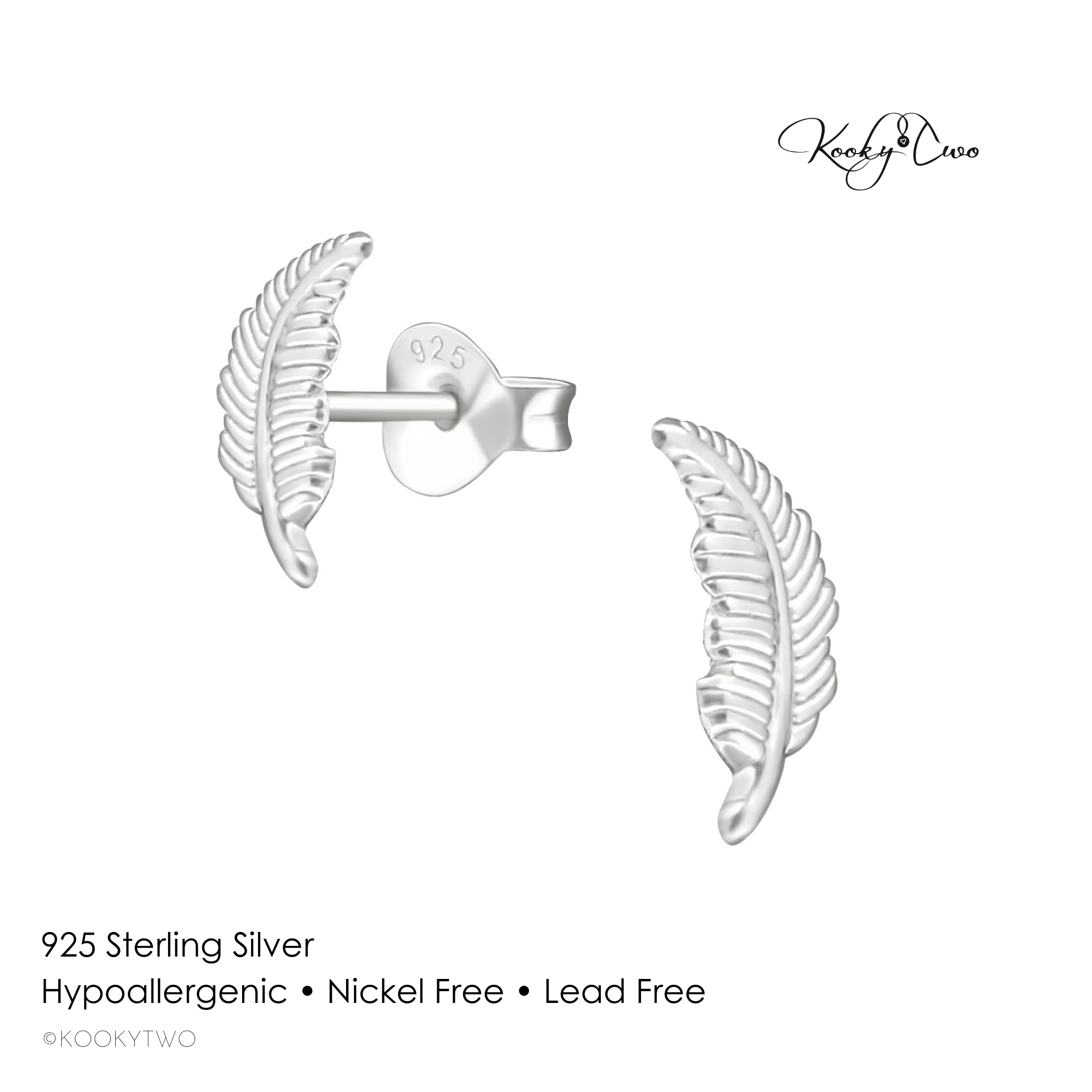 Hypoallergenic silver feather earrings on a white background with 'Kooky Two' branding.