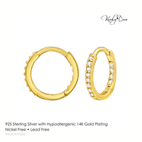 Gold hoop earrings with small CZ crystals on a white background, featuring KookyTwo branding.