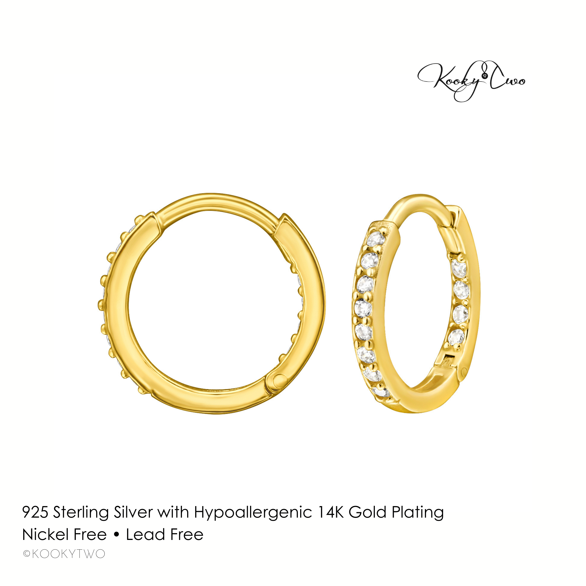 Gold hoop earrings with small CZ crystals on a white background, featuring KookyTwo branding.
