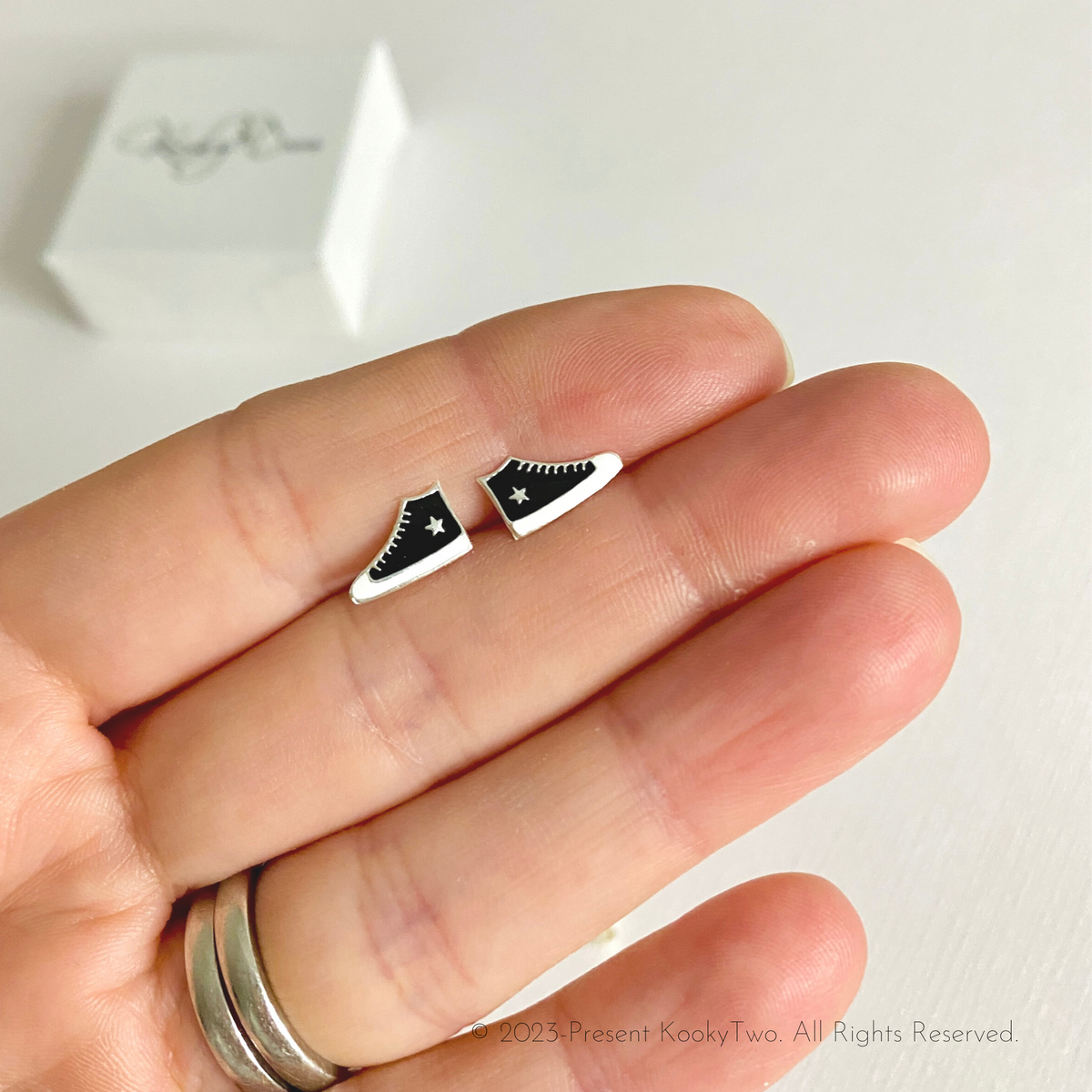 Black sneaker style stud earrings sterling silver earrings hypoallergenic. KookyTwo.