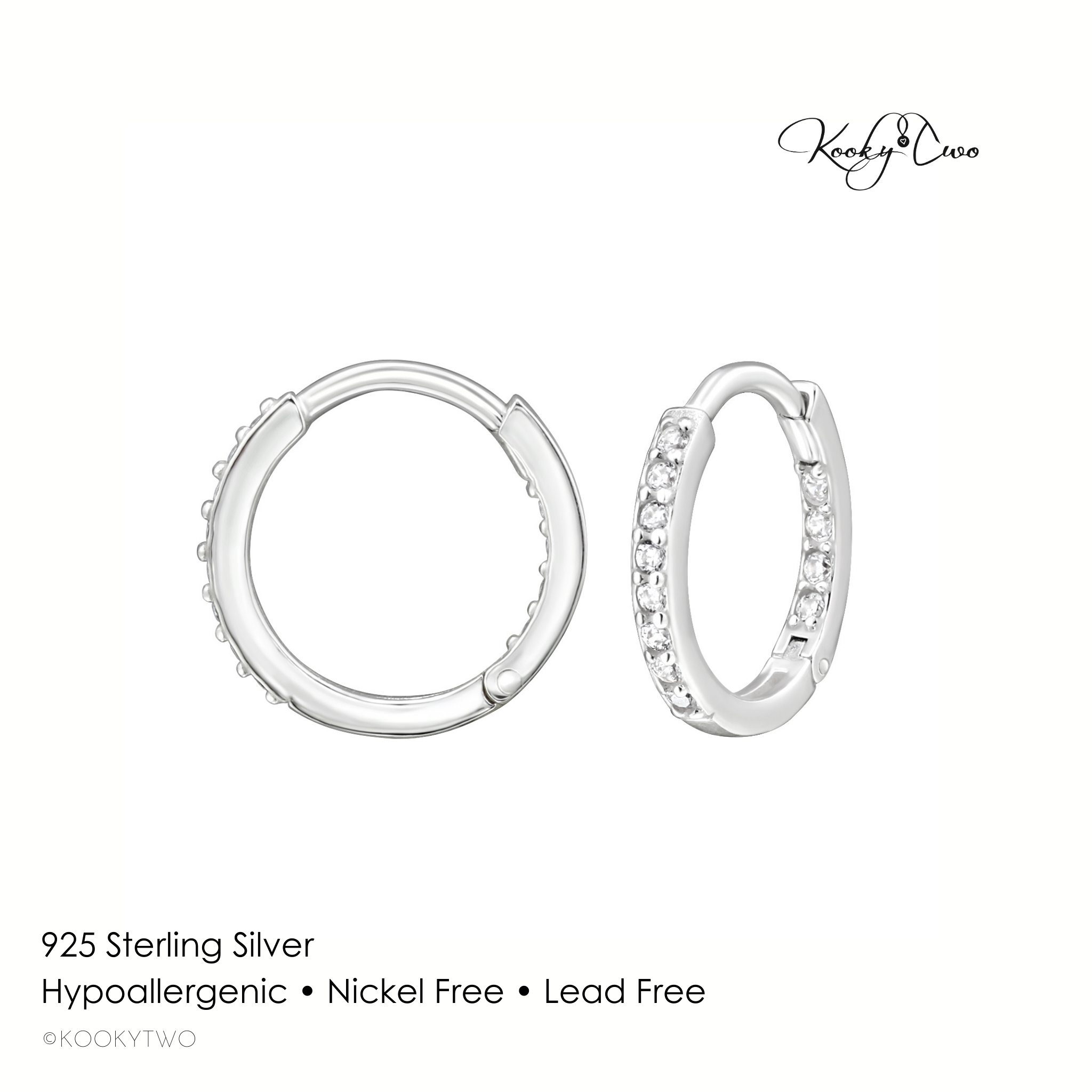 Pair of silver hoop earrings with clear stones on a white background, featuring Kookytwo branding.