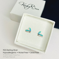 Earring gift for ice skater earrings in sterling silver with blue and green sparkle colouring. KookyTwo.