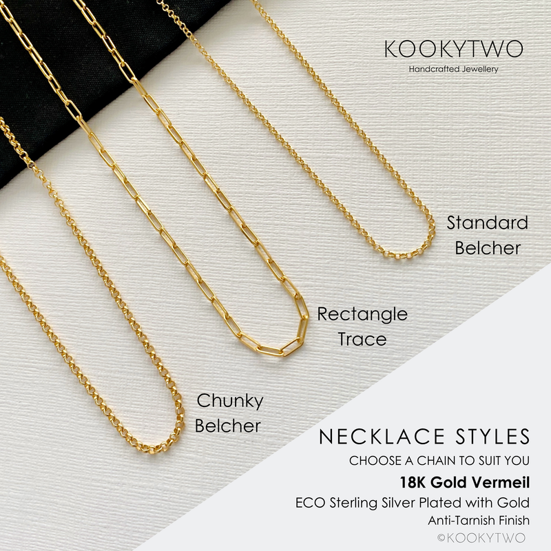 Three gold necklaces with different styles on a white background, featuring KOOKYTWO branding.
